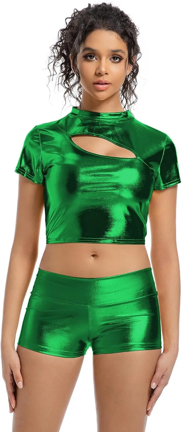 Women's Metallic Booty Shorts High Waisted Shiny Bottoms Rave Hot Pants for Dance, Party, Festival
