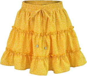 Women's Mini Skirt Summer Casual Stretch Waist Print Pleated Flared A Line Skater Shirt, S-2XL