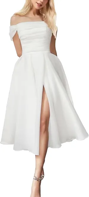 Women's Off The Shoulder Tea Length Wedding Dresses for Bride Tulle A Line Midi Bridal Party Dress with Slit