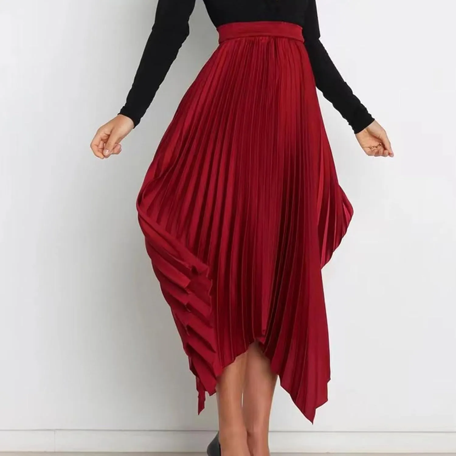 Women's Pleated Midi Long Skirt High Waisted Irregular Hem Solid Summer A-line Swing Flowy Skirts