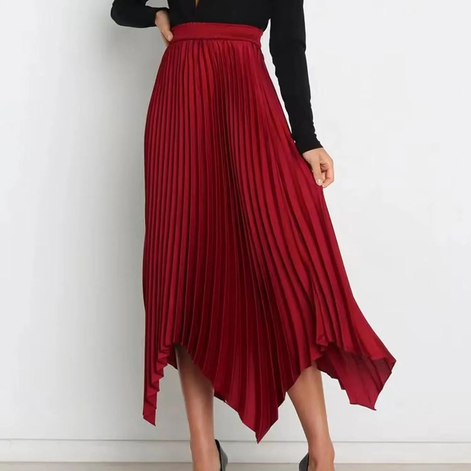 Women's Pleated Midi Long Skirt High Waisted Irregular Hem Solid Summer A-line Swing Flowy Skirts