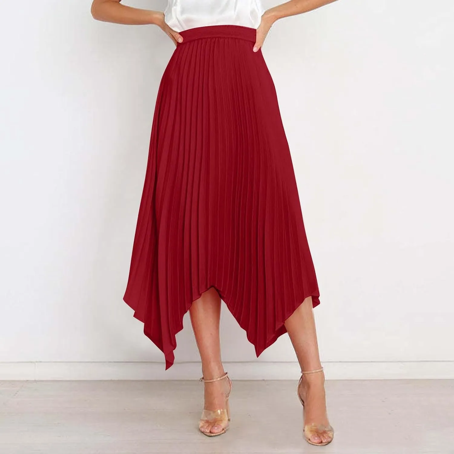 Women's Pleated Midi Long Skirt High Waisted Irregular Hem Solid Summer A-line Swing Flowy Skirts
