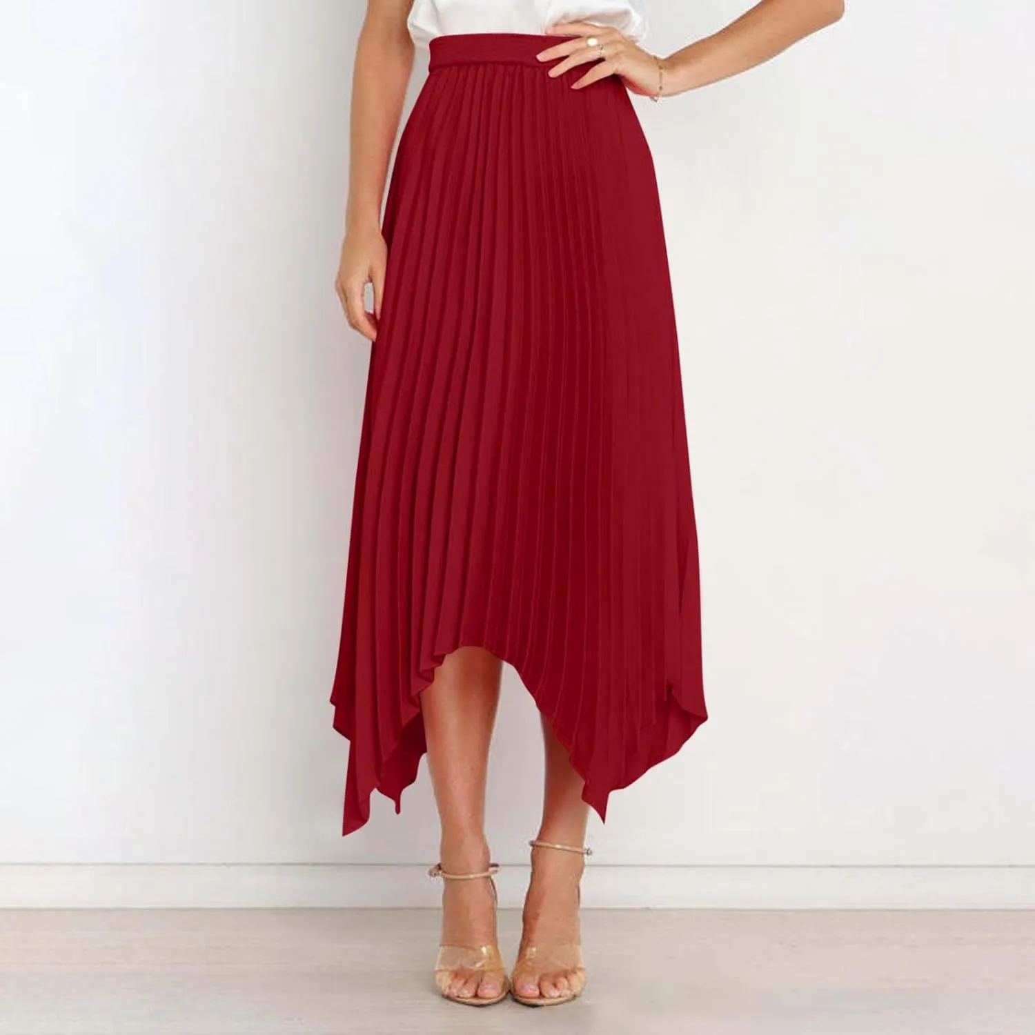 Women's Pleated Midi Long Skirt High Waisted Irregular Hem Solid Summer A-line Swing Flowy Skirts