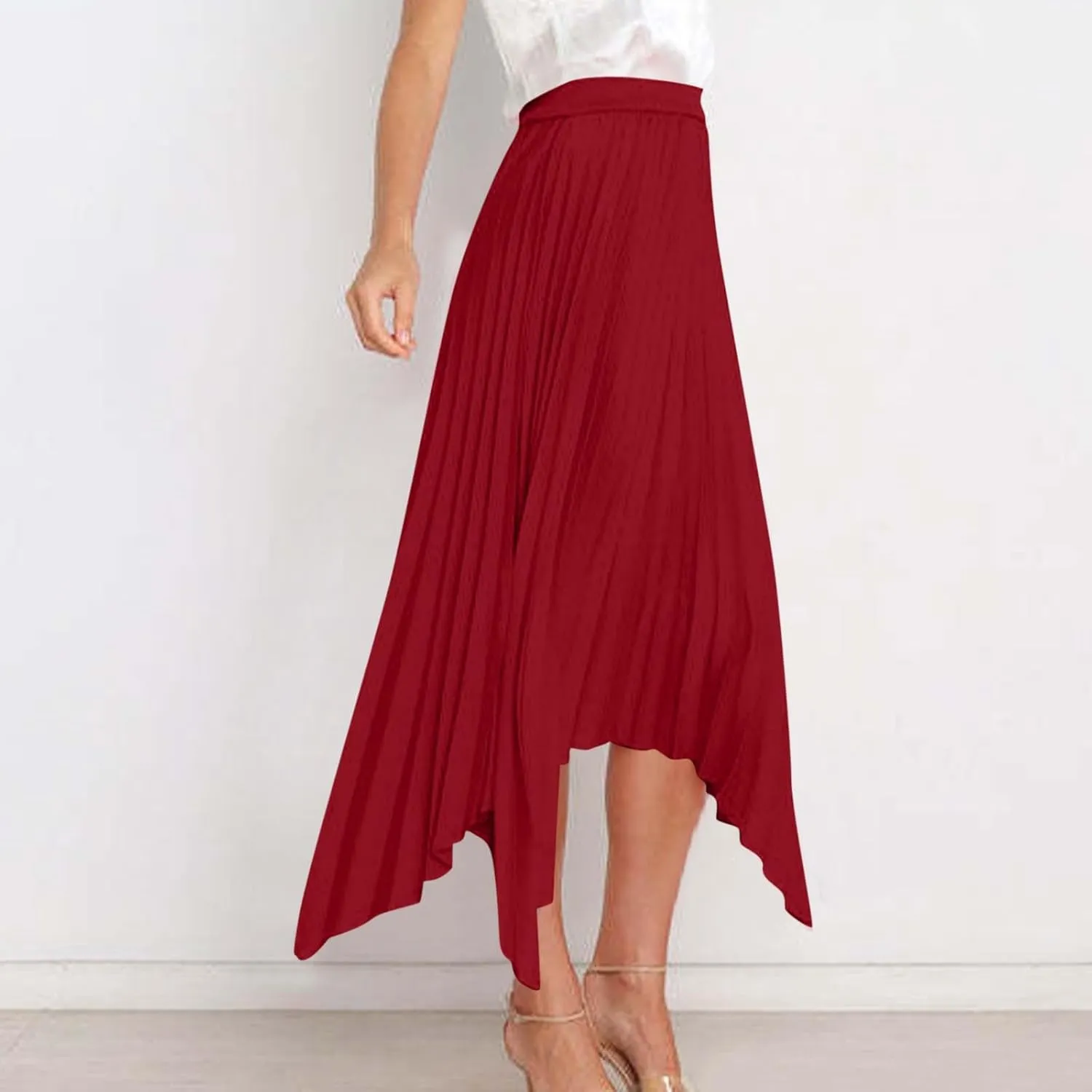 Women's Pleated Midi Long Skirt High Waisted Irregular Hem Solid Summer A-line Swing Flowy Skirts
