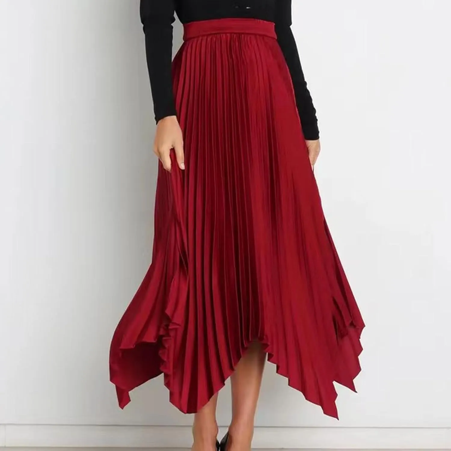 Women's Pleated Midi Long Skirt High Waisted Irregular Hem Solid Summer A-line Swing Flowy Skirts
