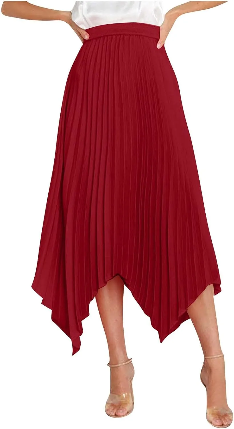 Women's Pleated Midi Long Skirt High Waisted Irregular Hem Solid Summer A-line Swing Flowy Skirts