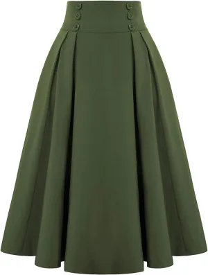 Womens Pleated Skirt High Waist Midi Skirts A Line Vintage Skirts Dressy Casual Button Skirt Elegant Cocktail Skirts