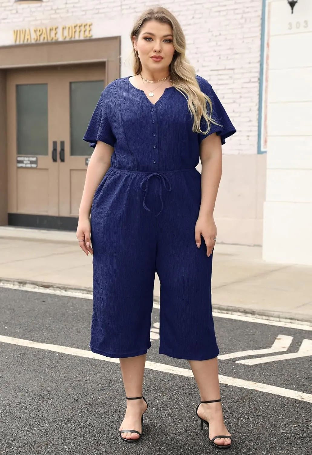 Womens Plus Size Casual Short Sleeve Loose Jumpsuit Button Up Wide Leg Pants Romper ELG004