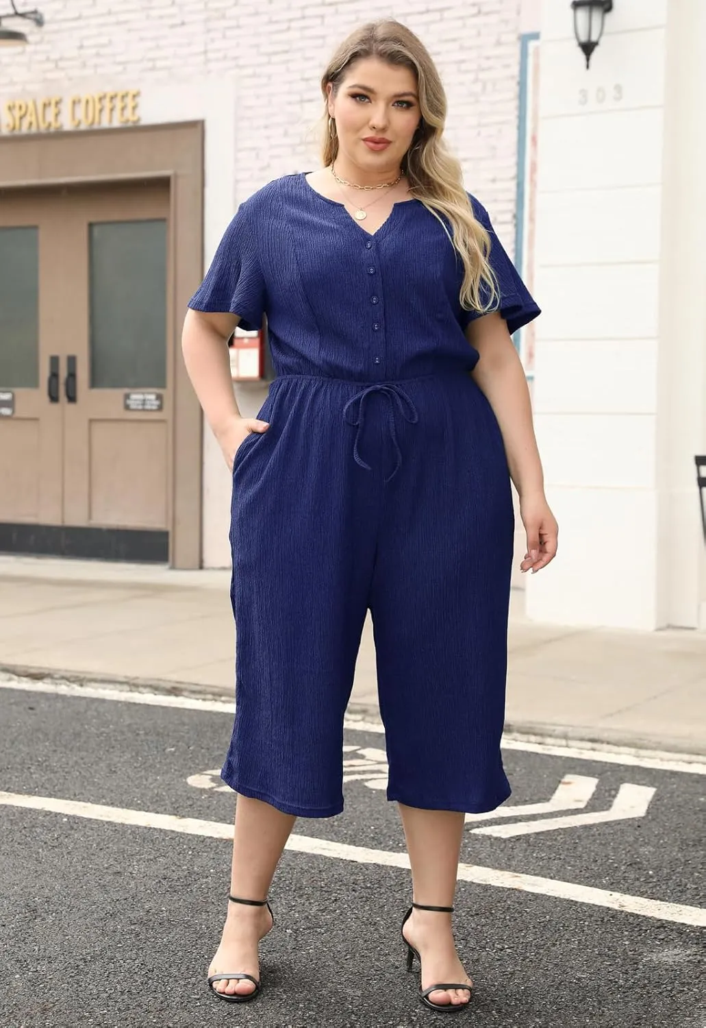 Womens Plus Size Casual Short Sleeve Loose Jumpsuit Button Up Wide Leg Pants Romper ELG004