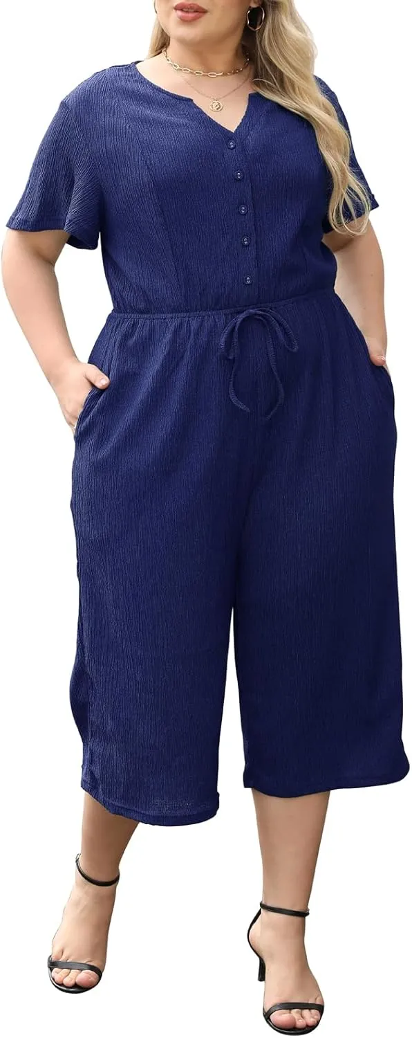 Womens Plus Size Casual Short Sleeve Loose Jumpsuit Button Up Wide Leg Pants Romper ELG004