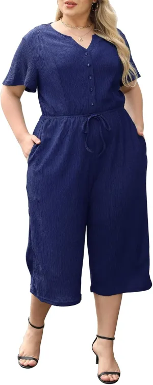 Womens Plus Size Casual Short Sleeve Loose Jumpsuit Button Up Wide Leg Pants Romper ELG004