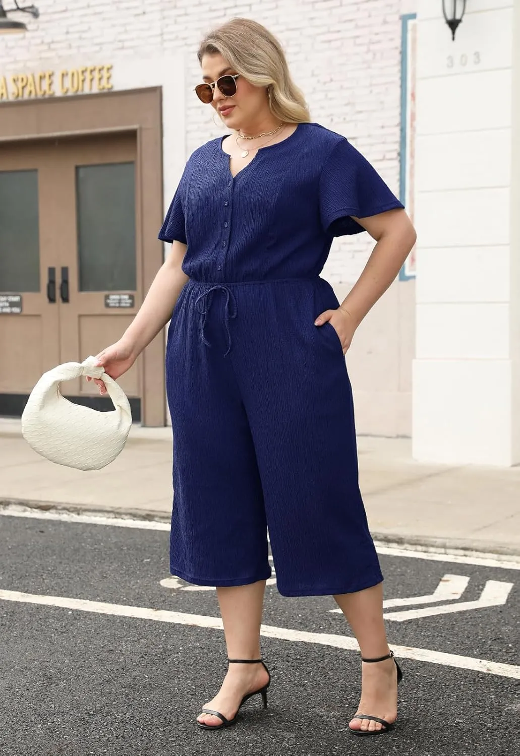 Womens Plus Size Casual Short Sleeve Loose Jumpsuit Button Up Wide Leg Pants Romper ELG004