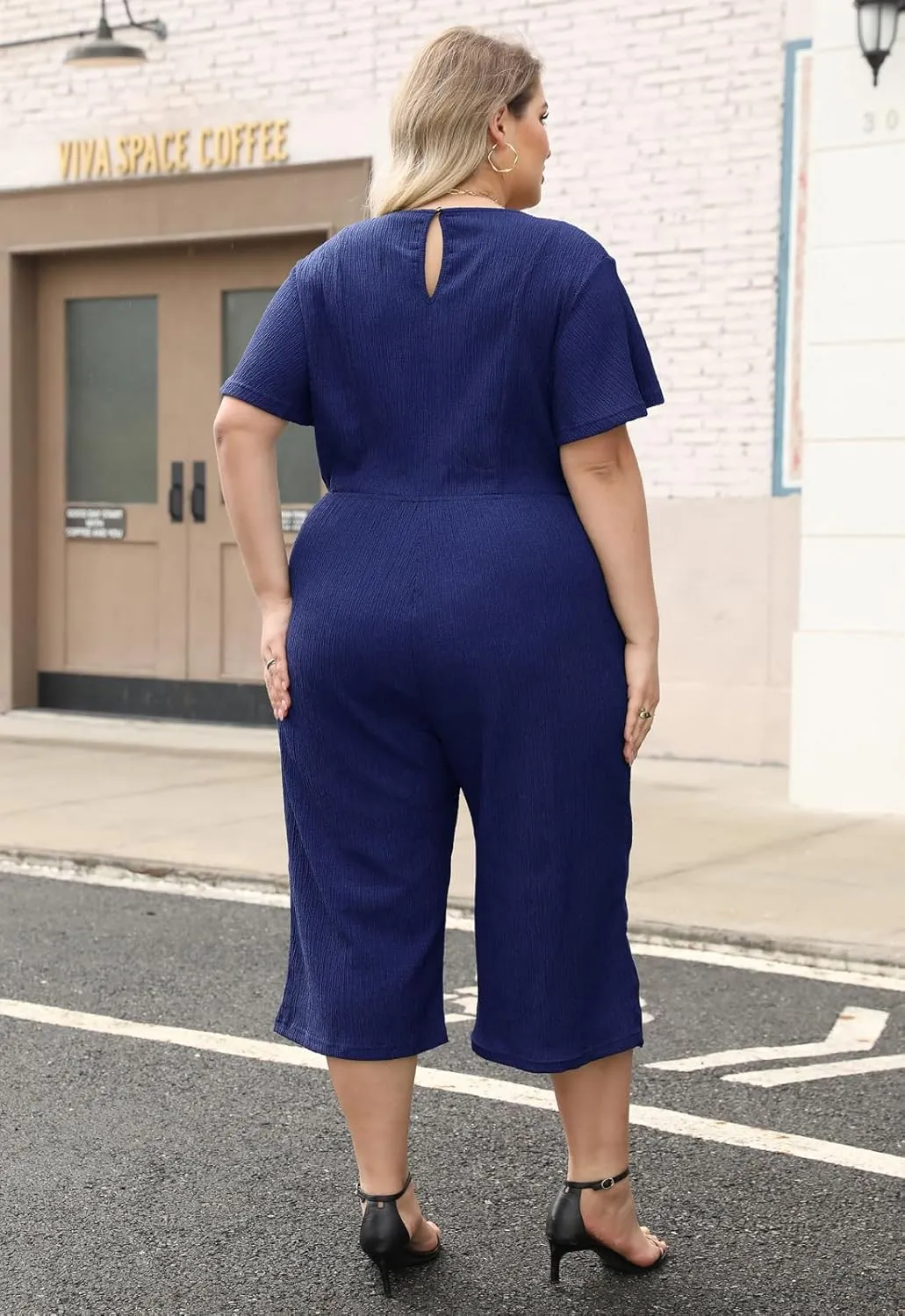 Womens Plus Size Casual Short Sleeve Loose Jumpsuit Button Up Wide Leg Pants Romper ELG004