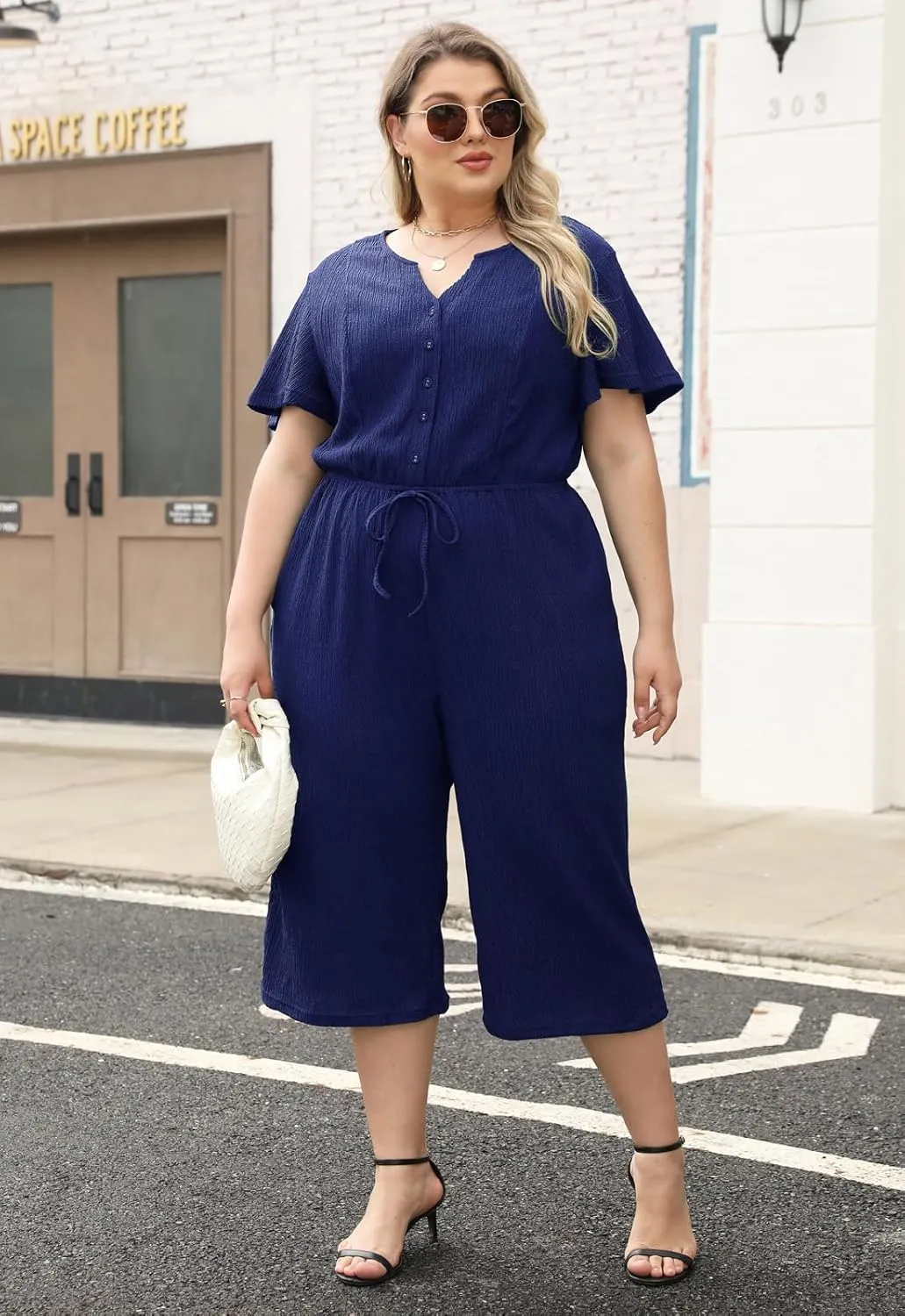 Womens Plus Size Casual Short Sleeve Loose Jumpsuit Button Up Wide Leg Pants Romper ELG004