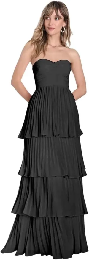 Women's Ruffles Bridesmiad Dresses Tiered Strapless Chiffon Prom Dress Long Formal Evening Gown