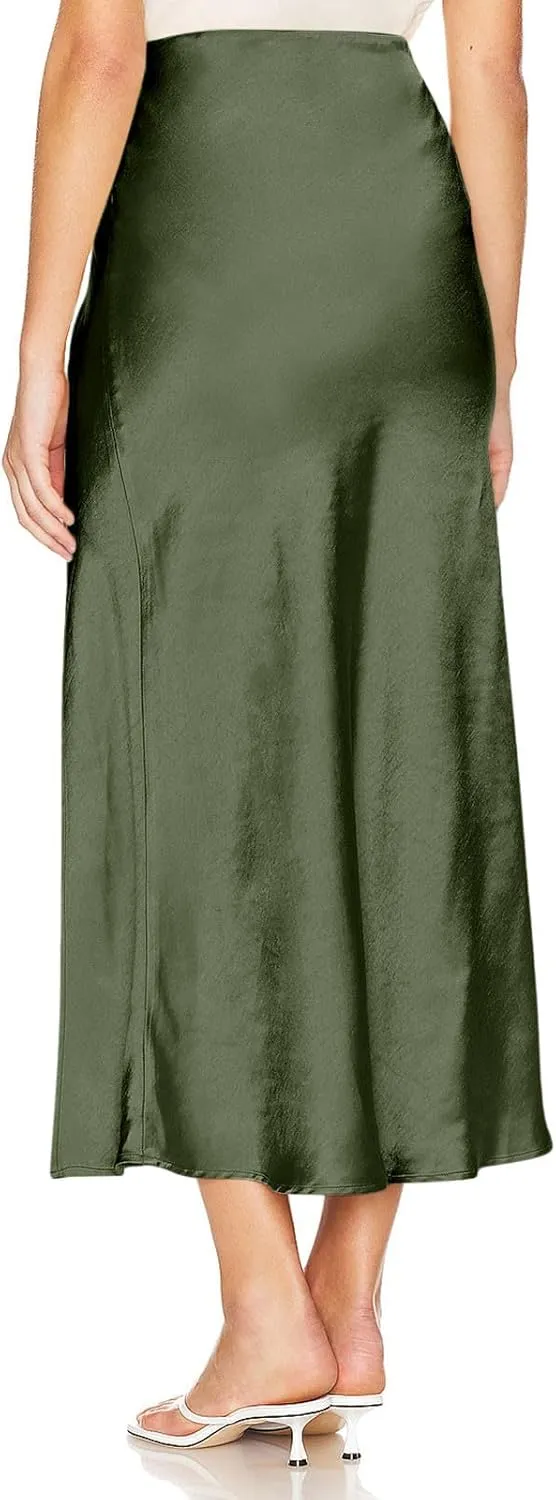 Women's Satin High Waisted Side Split Maxi Skirt Elastic Waistband Zipper Long Skirts A-Line Cocktail Work Skirt