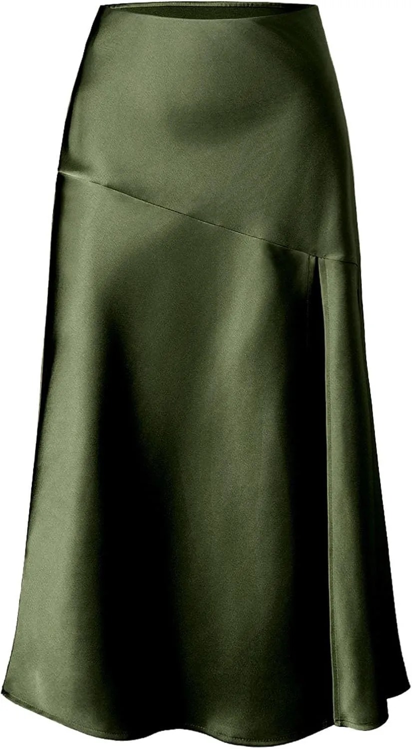 Women's Satin High Waisted Side Split Maxi Skirt Elastic Waistband Zipper Long Skirts A-Line Cocktail Work Skirt