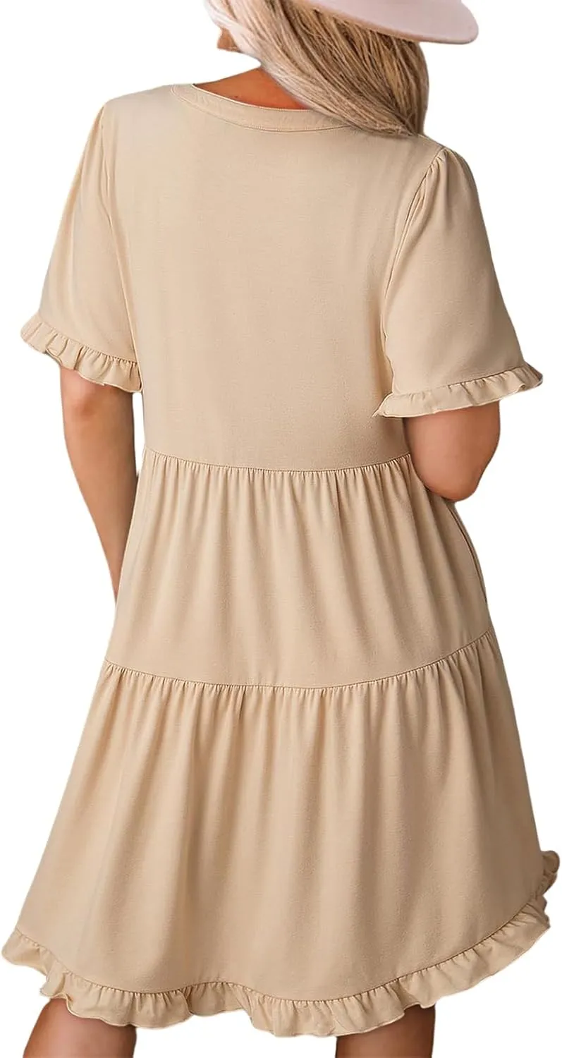 Womens Short Sleeve Dresses Summer V Neck A Line Ruffle Shift Dress Spring Casual Flowy Swing Beach Mini Dress
