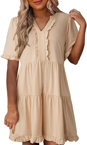 Womens Short Sleeve Dresses Summer V Neck A Line Ruffle Shift Dress Spring Casual Flowy Swing Beach Mini Dress