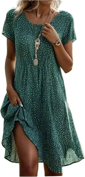 Women's Short Sleeve Summer Sundress with Pockets, Casual Loose Fit Floral Round Neck Knee Length Beach Dress