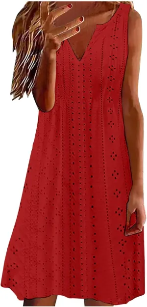 Women's Sleeveless V Neck Eyelet Dress Summer Casual Loose Fit Midi Sundress Elegant Beach Vacation Outfit