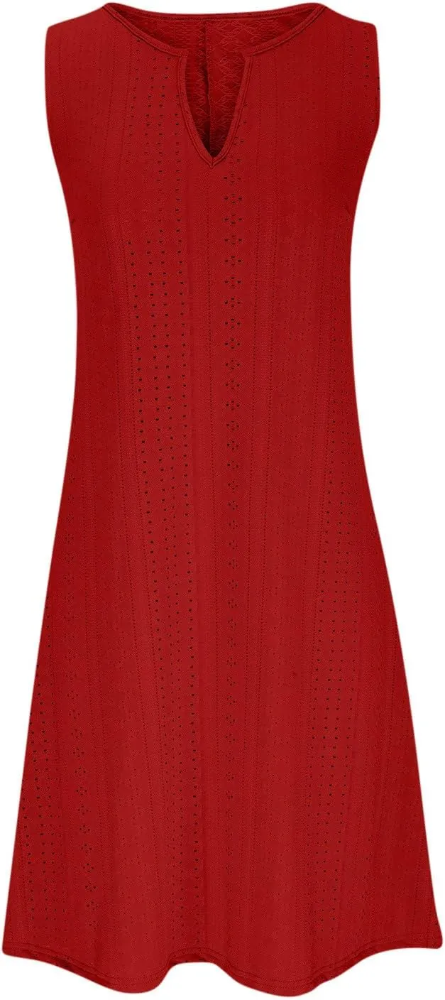 Women's Sleeveless V Neck Eyelet Dress Summer Casual Loose Fit Midi Sundress Elegant Beach Vacation Outfit