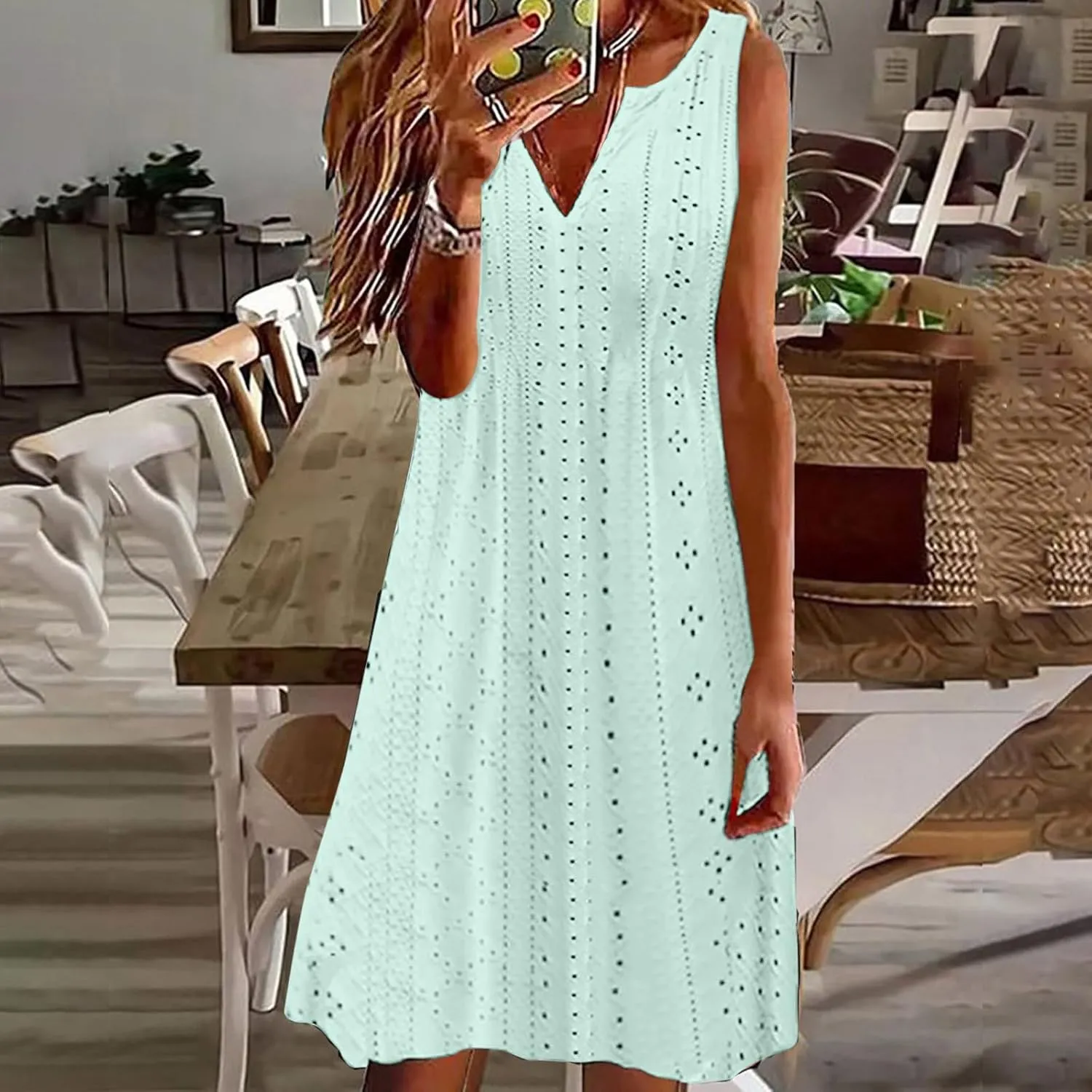 Women's Sleeveless V Neck Eyelet Dress Summer Casual Loose Fit Midi Sundress Elegant Beach Vacation Outfit