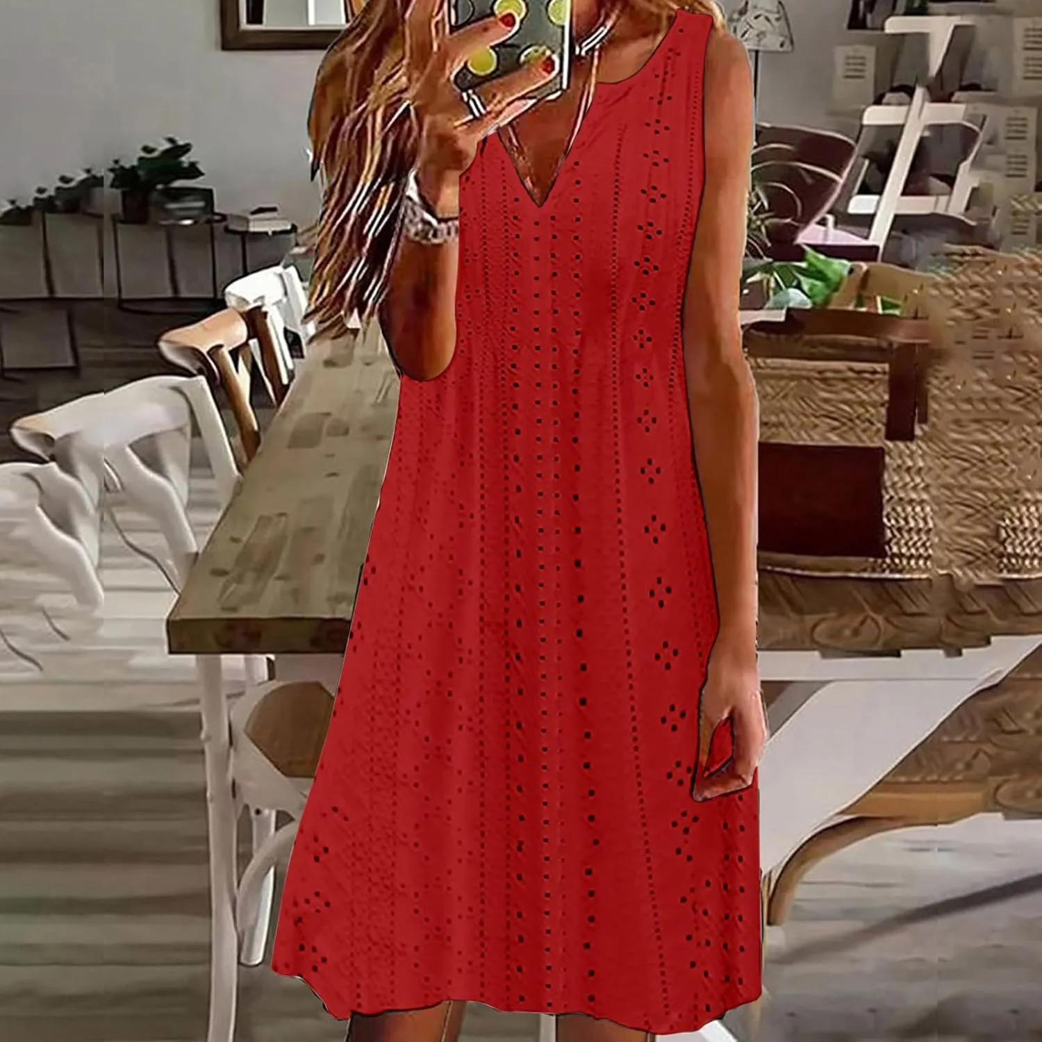 Women's Sleeveless V Neck Eyelet Dress Summer Casual Loose Fit Midi Sundress Elegant Beach Vacation Outfit