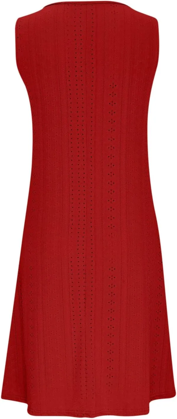 Women's Sleeveless V Neck Eyelet Dress Summer Casual Loose Fit Midi Sundress Elegant Beach Vacation Outfit