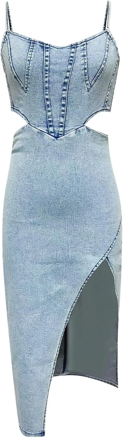 Women's Spaghetti Straps Slit Denim Dress Sexy High Cut Out Zip Back Distressed Backless Calf Length Jean Dress