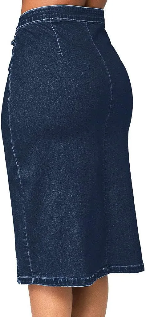 Womens Split Front Button Down Denim Skirt Dressy High Waist Bodycon Midi Skirts Plus Size Casual Jean Pencil Skirt