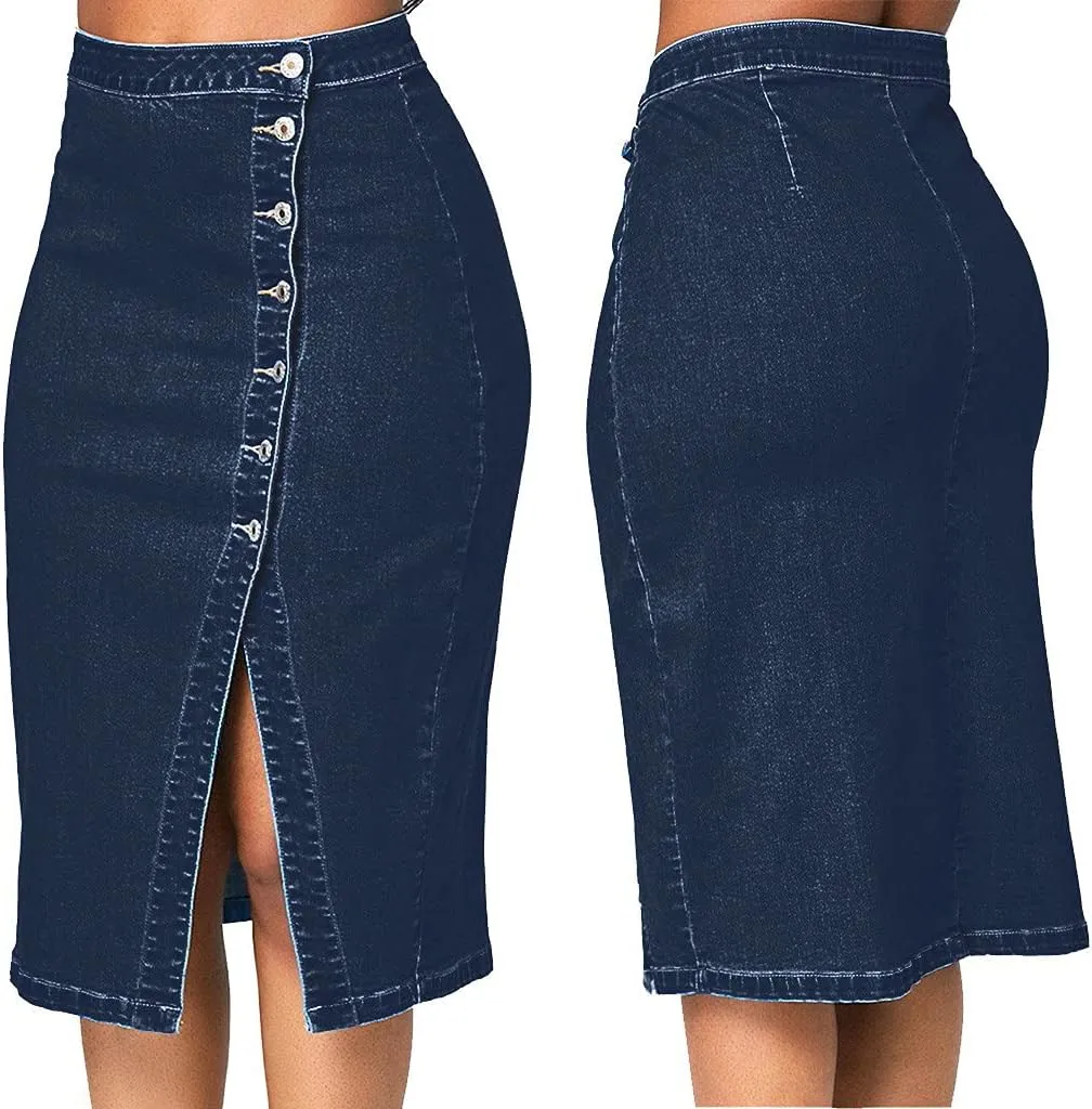 Womens Split Front Button Down Denim Skirt Dressy High Waist Bodycon Midi Skirts Plus Size Casual Jean Pencil Skirt