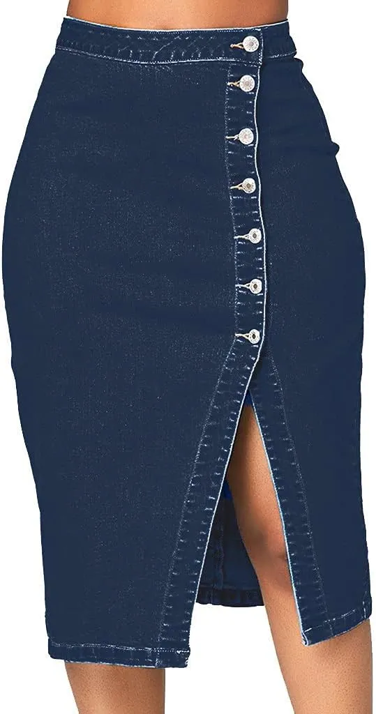 Womens Split Front Button Down Denim Skirt Dressy High Waist Bodycon Midi Skirts Plus Size Casual Jean Pencil Skirt