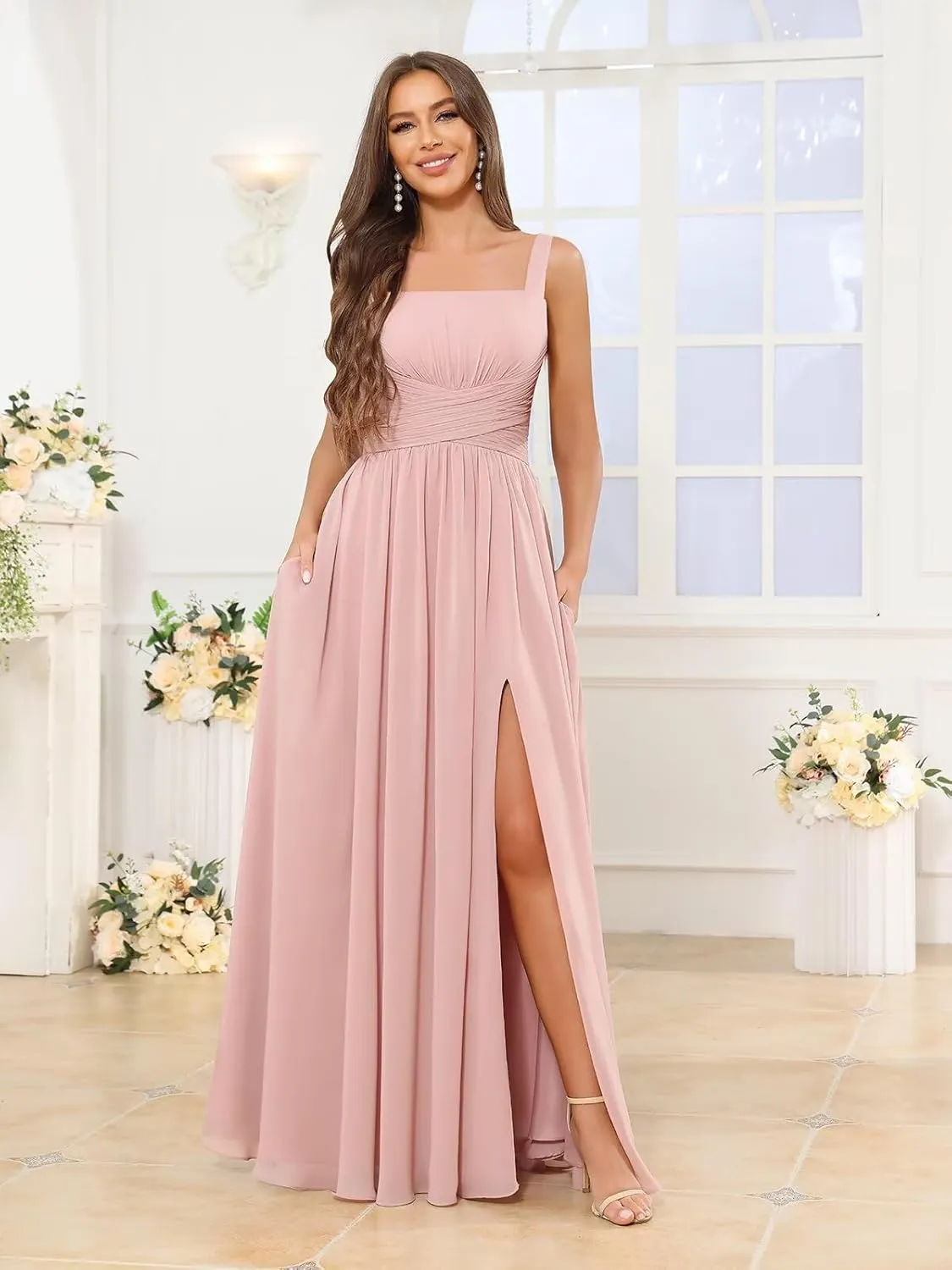 Women's Square Neck Chiffon Bridesmaid Dresses with Pockets Pleated A Line Formal Evening Dresses with Slit