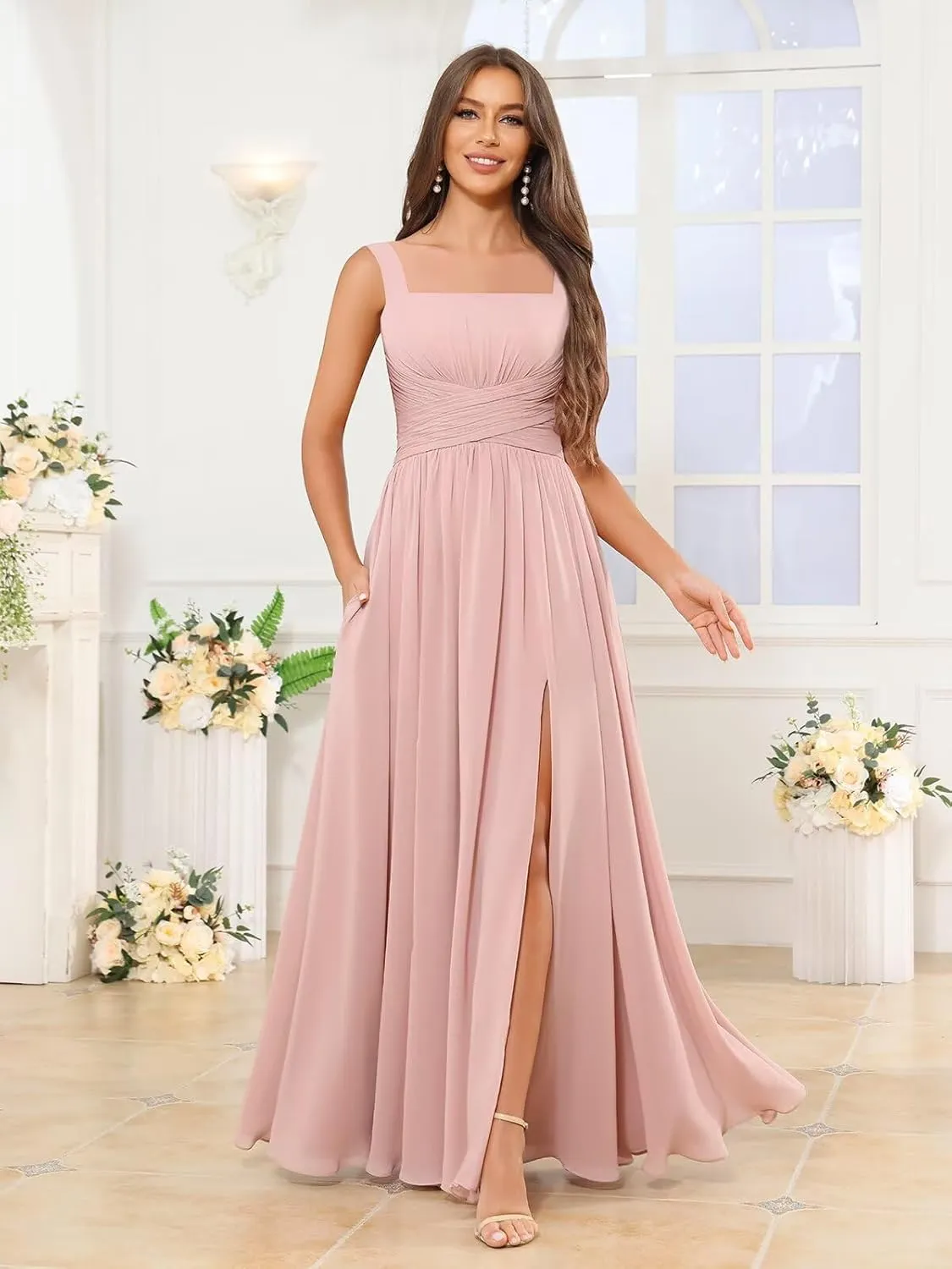 Women's Square Neck Chiffon Bridesmaid Dresses with Pockets Pleated A Line Formal Evening Dresses with Slit