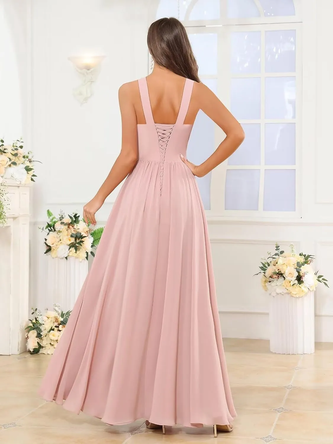 Women's Square Neck Chiffon Bridesmaid Dresses with Pockets Pleated A Line Formal Evening Dresses with Slit