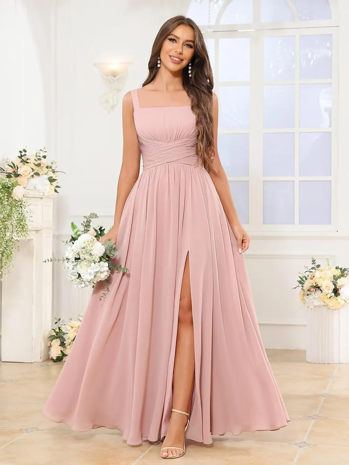 Women's Square Neck Chiffon Bridesmaid Dresses with Pockets Pleated A Line Formal Evening Dresses with Slit