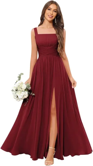 Women's Square Neck Chiffon Bridesmaid Dresses with Pockets Pleated A Line Formal Evening Dresses with Slit