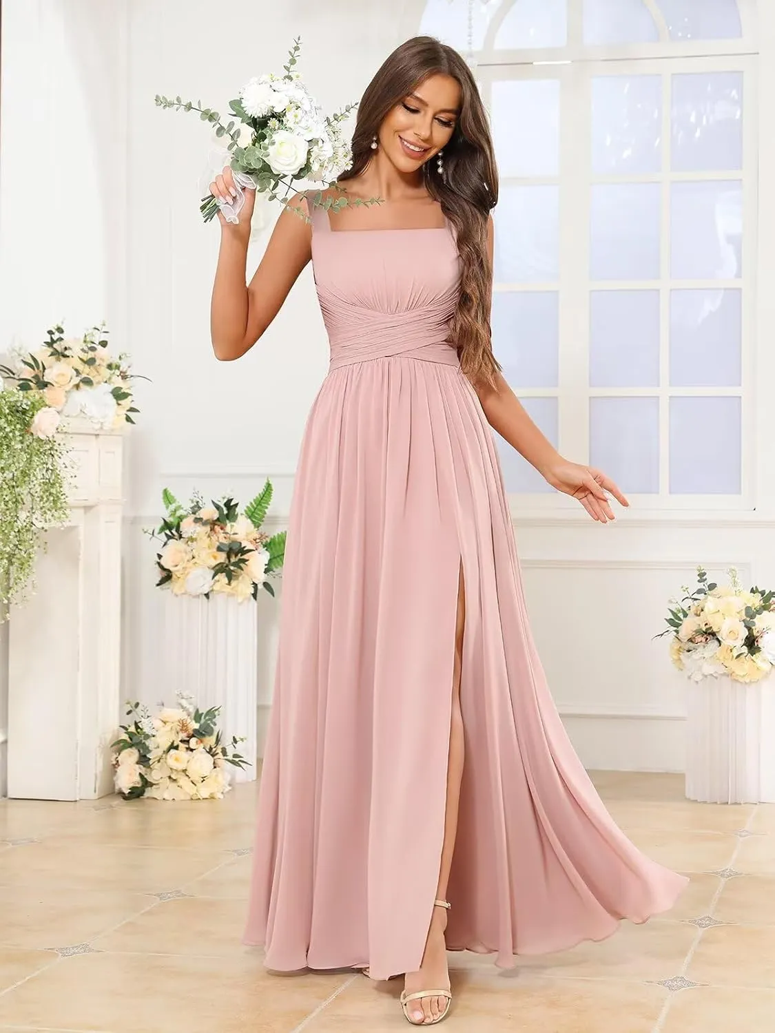 Women's Square Neck Chiffon Bridesmaid Dresses with Pockets Pleated A Line Formal Evening Dresses with Slit