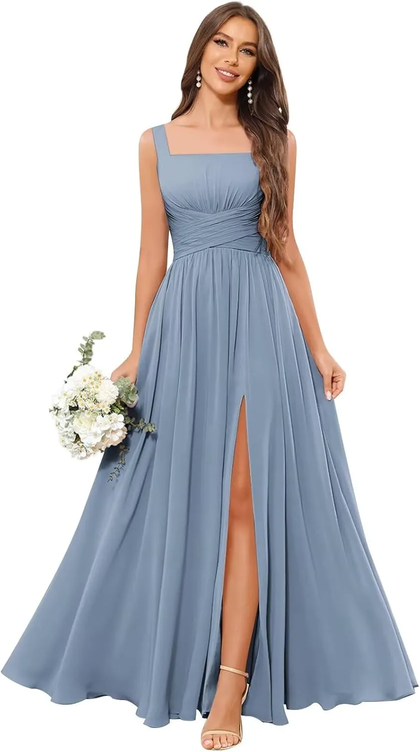 Women's Square Neck Chiffon Bridesmaid Dresses with Pockets Pleated A Line Formal Evening Dresses with Slit