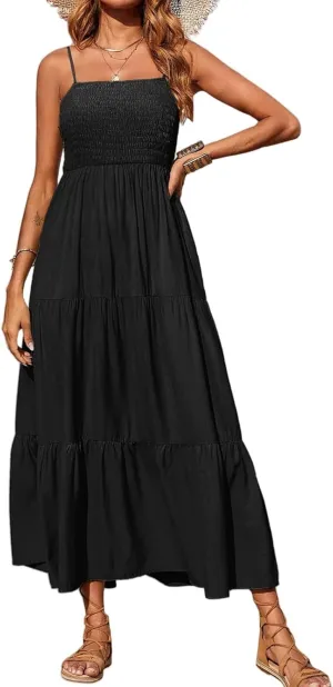 Womens Summer Casual Maxi Dress Boho Spaghetti Strap Smocked Sleeveless Dress Flowy Tiered Long Beach Sundress