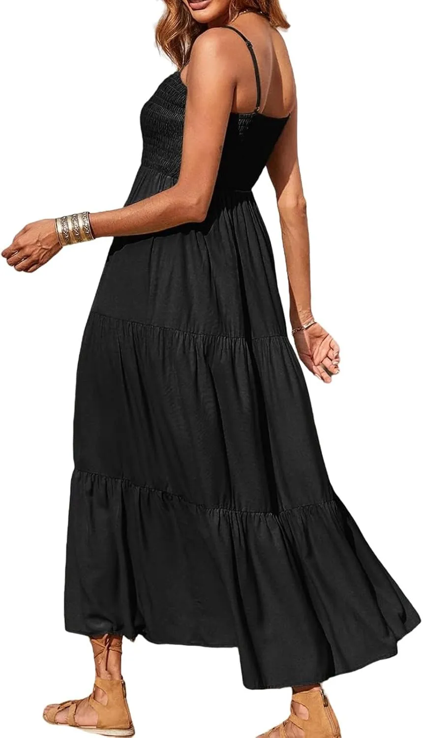 Womens Summer Casual Maxi Dress Boho Spaghetti Strap Smocked Sleeveless Dress Flowy Tiered Long Beach Sundress