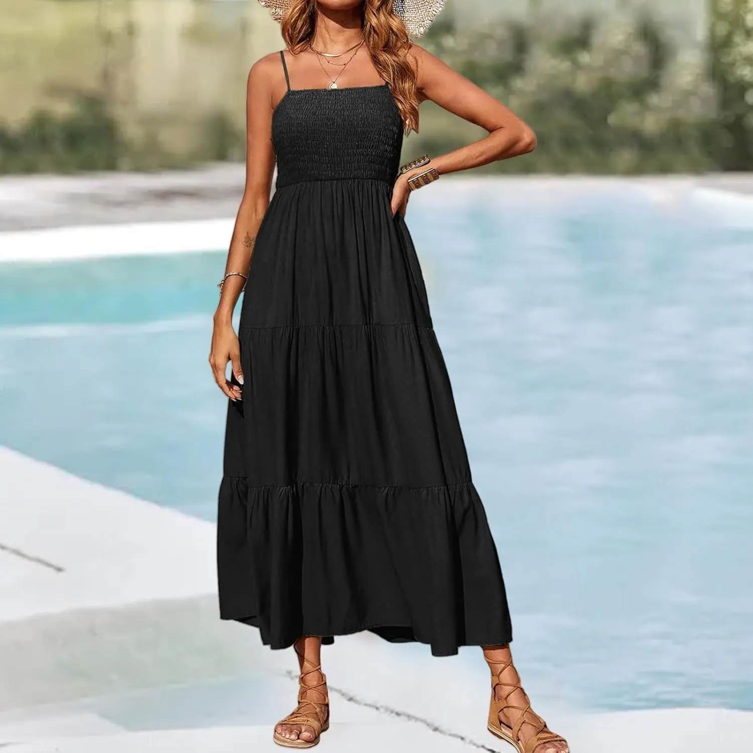 Womens Summer Casual Maxi Dress Boho Spaghetti Strap Smocked Sleeveless Dress Flowy Tiered Long Beach Sundress