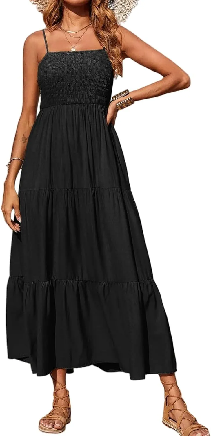 Womens Summer Casual Maxi Dress Boho Spaghetti Strap Smocked Sleeveless Dress Flowy Tiered Long Beach Sundress