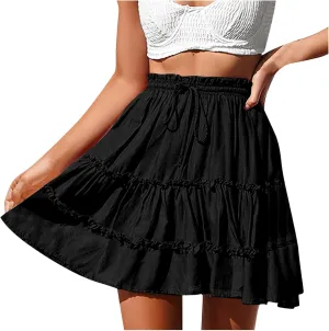 Women's Summer Cute High Waist Ruffle Skirt Drawstring Solid Color Teen Girls Swing Beach Mini Skirt 2025 Trendy