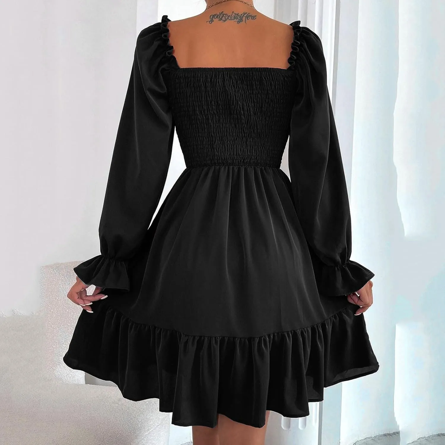 Women's Summer Dresses Boho Square Neck Smocked Bell Long Sleeve Casual A-Line Swing Ruffle Mini Babydoll Dress