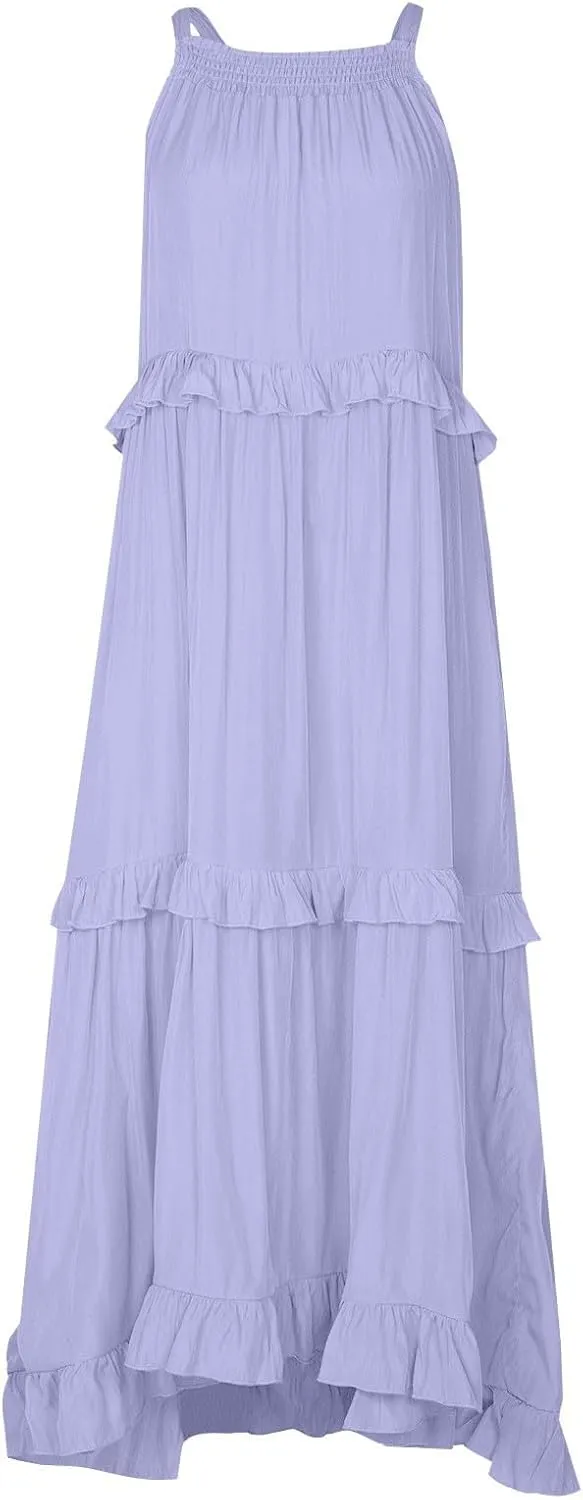 Womens Tiered Dress 2025 Summer Casual Sleeveless Tie Back Pleated Maxi Dress A Line Flowy Long Beach Sun Dresses