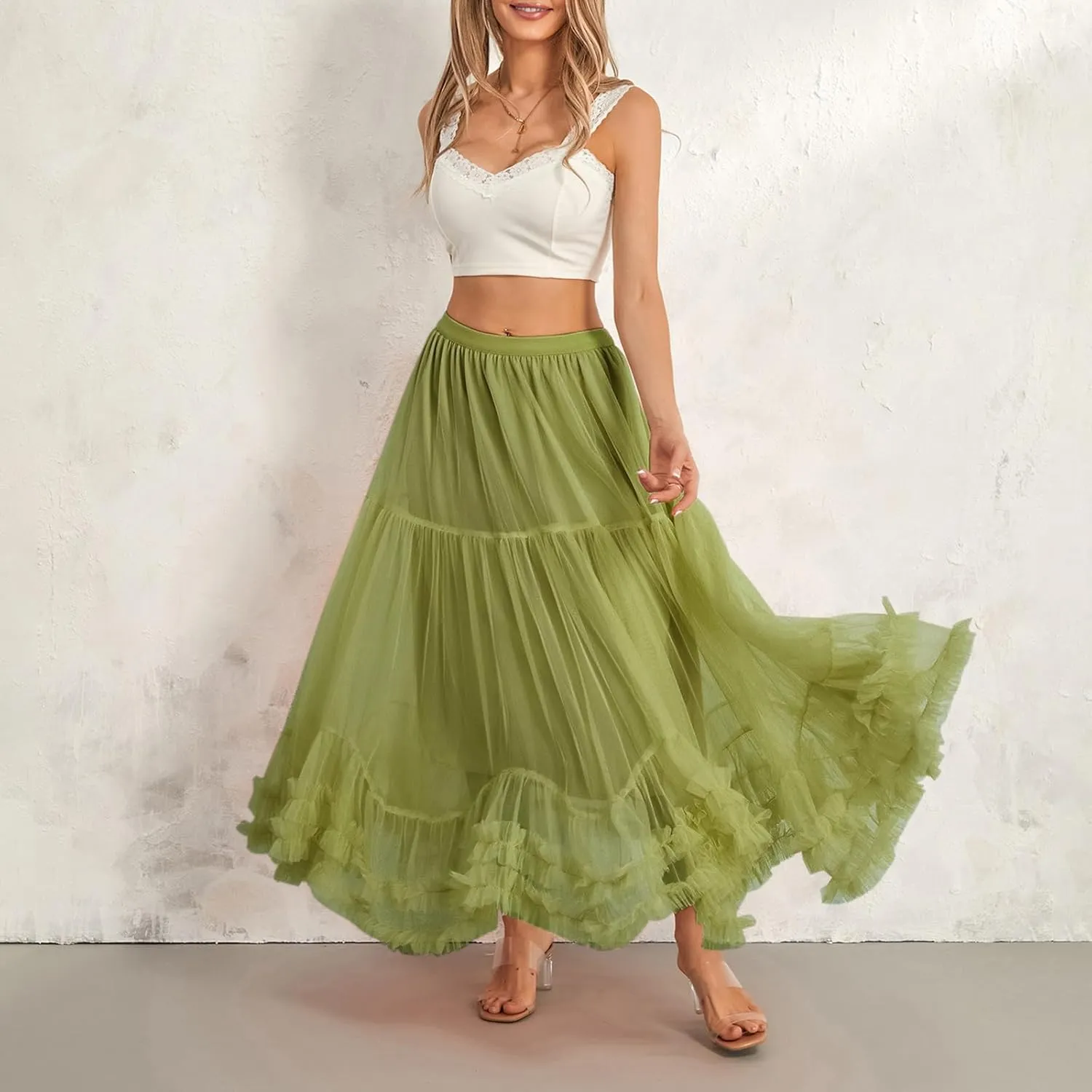 Womens Tulle Long Skirts Elastic High Waist Ruffle Hem Tutu Skirts Fluffy A-line Midi Skirts