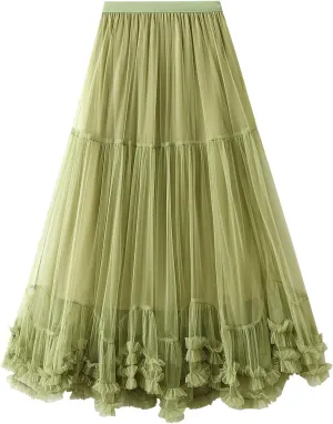 Womens Tulle Long Skirts Elastic High Waist Ruffle Hem Tutu Skirts Fluffy A-line Midi Skirts