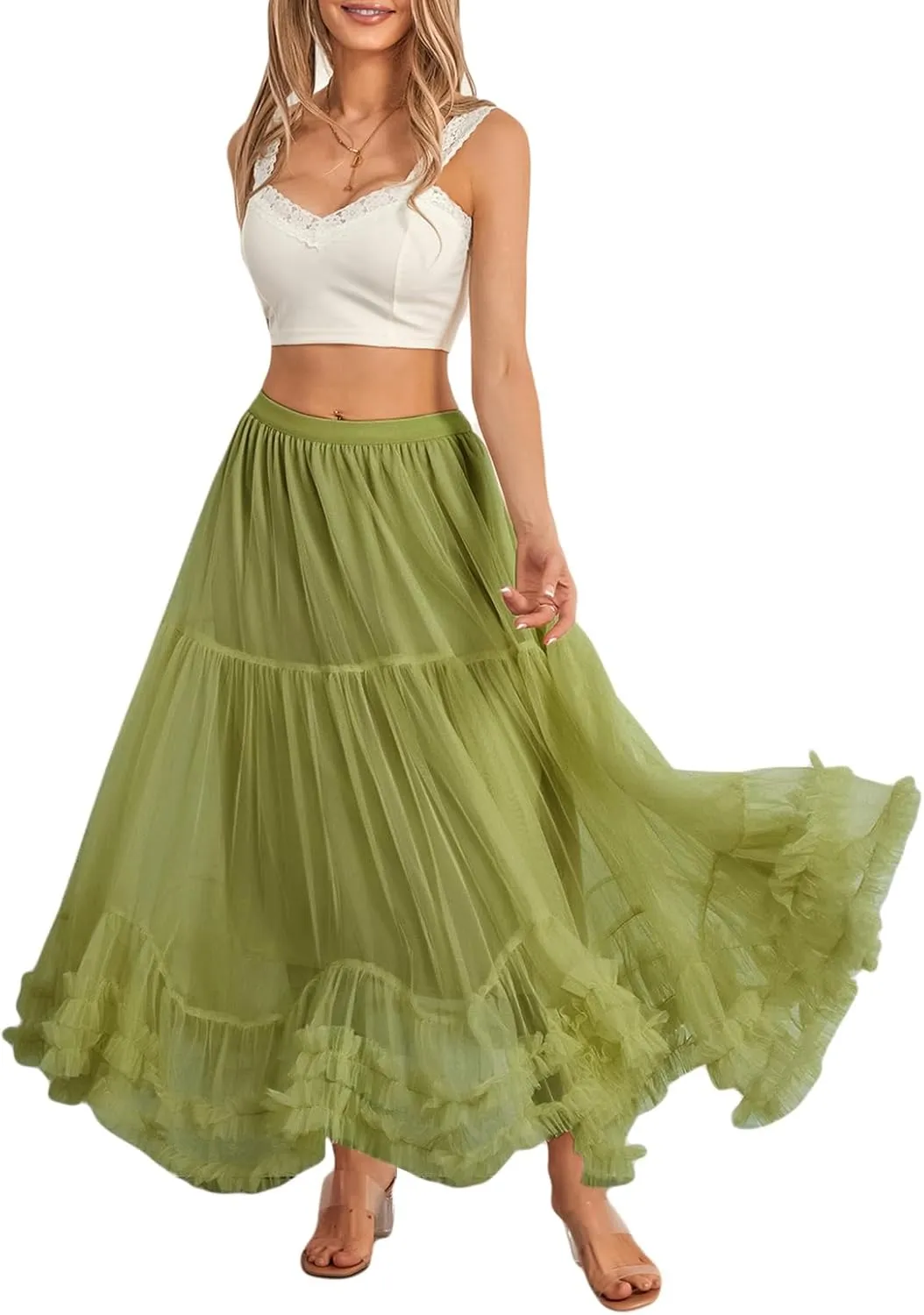 Womens Tulle Long Skirts Elastic High Waist Ruffle Hem Tutu Skirts Fluffy A-line Midi Skirts